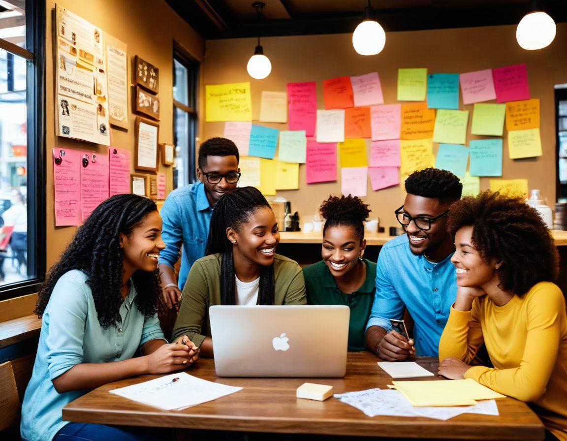 A vibrant community scene with diverse people engaged in a discussion around a laptop, sharing insights and news. Include elements like a cozy coffee shop backdrop, colorful sticky notes with blog ideas, and a warm inviting atmosphere. Symbolic icons of connection like hearts and speech bubbles can float above, representing the essence of community. super-realistic. vibrant colors.