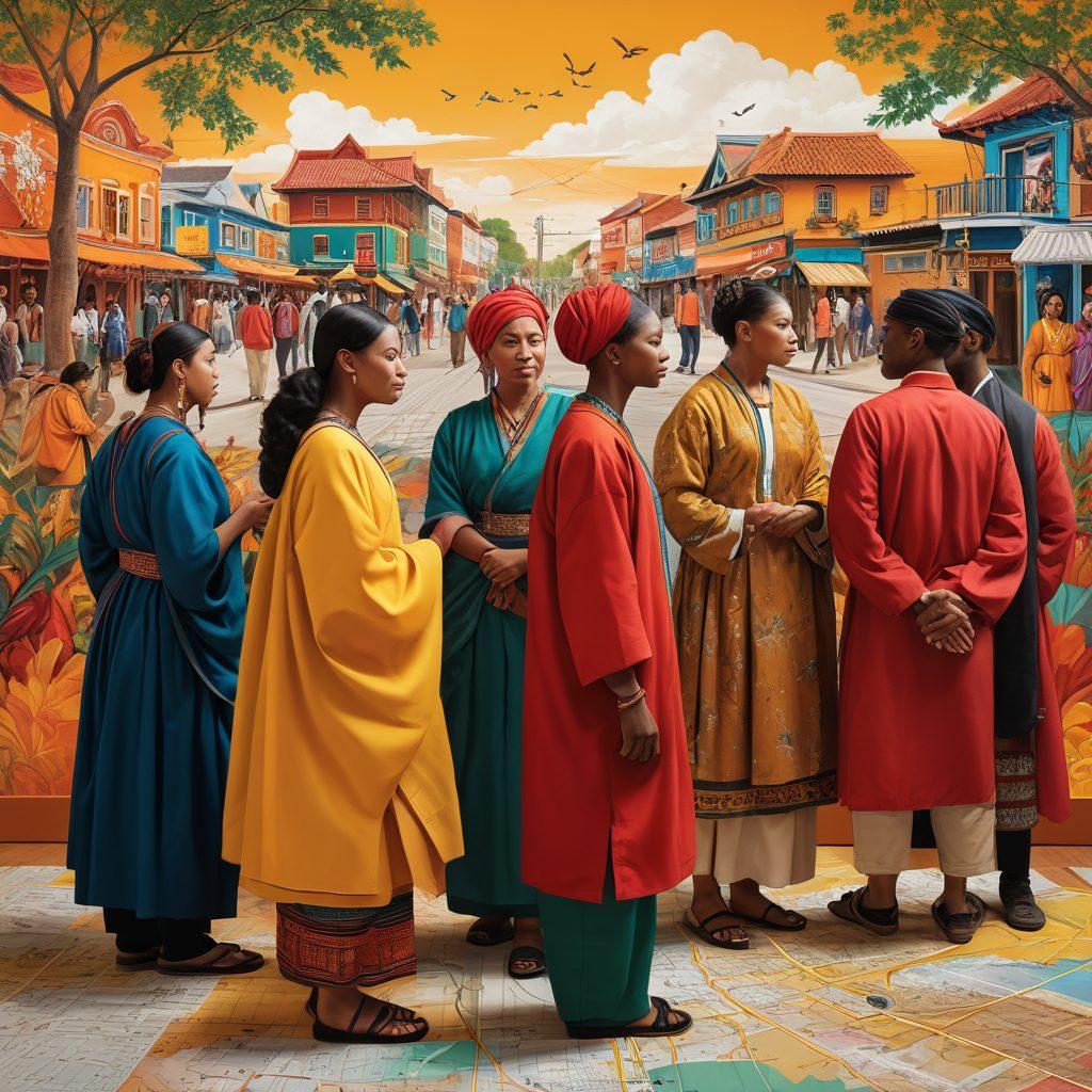 A vibrant digital collage depicting diverse community members sharing stories around a large digital screen, showcasing local cultural landmarks and current events in the background. Include elements like traditional attire, art, and maps to emphasize local culture, while warm lighting creates an inviting atmosphere. super-realistic. vivid colors. modern artistic style.